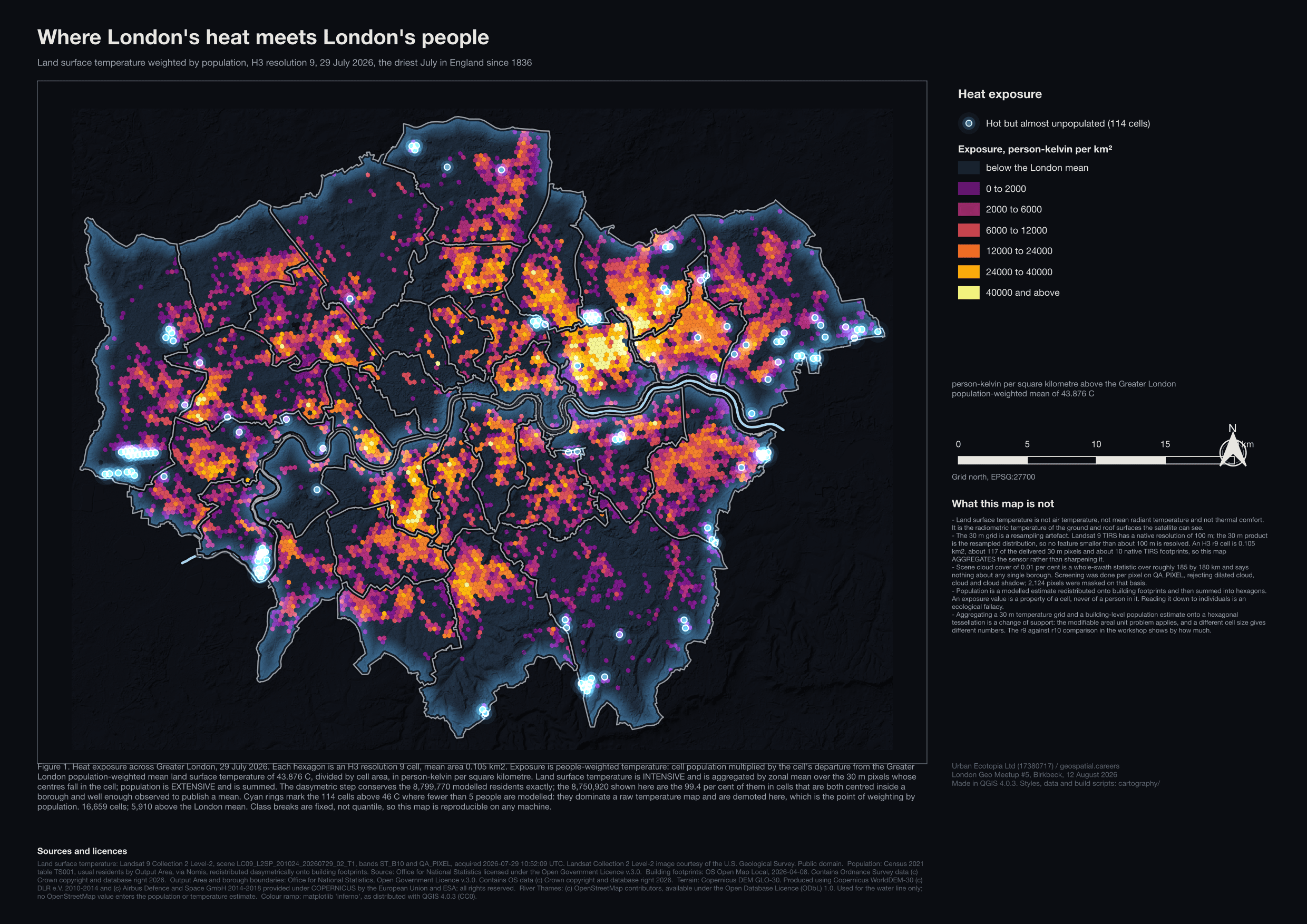 London heat publication showing a clear map, restrained legend, scale, north arrow and source notes