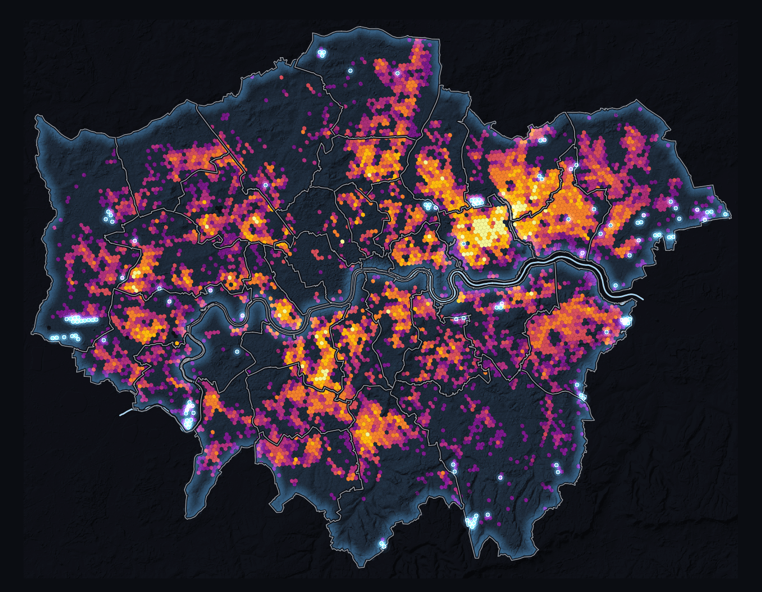 Dark editorial map of Greater London, with heat exposure shown as purple, orange and yellow hexagons above restrained terrain, borough and river context